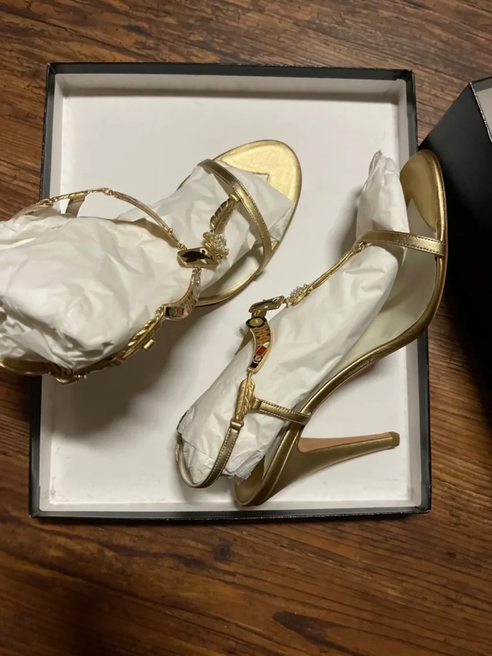 Chanel Gold Logo Charm Sandals with Pearl & Feathers, Ankle Strap, Size 41